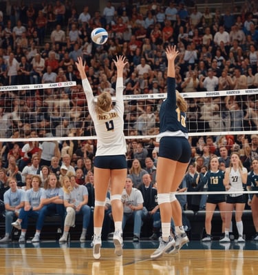 A group of college athletes celebrating a victory, their jerseys showing deep navy and gold colors.