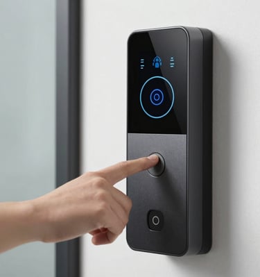 Close-up of a modern access control panel installed on a sleek office door.