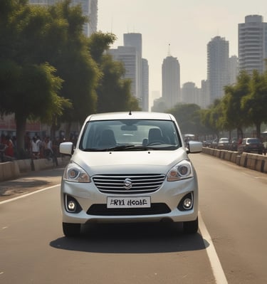 A shiny white Toyota Innova parked outside a corporate office building in Delhi.