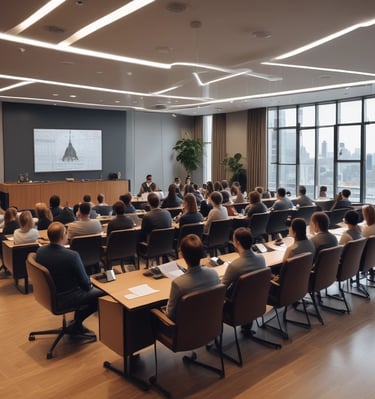 Wide shot of workspace bathed in warm light highlighting efficiency and professionalism.