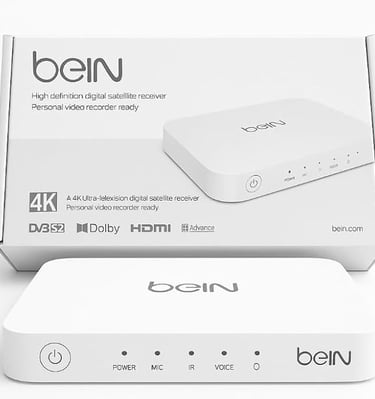 White beIN 4K Ultra HD digital satellite receiver and its retail packaging.