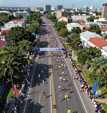 Wide shot of a sports event filmed from above with a drone.