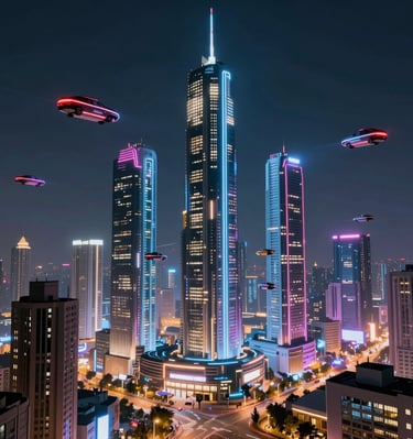 A nighttime shot of a dealership illuminated with cars outside, emphasizing 24/7 chat support availability.