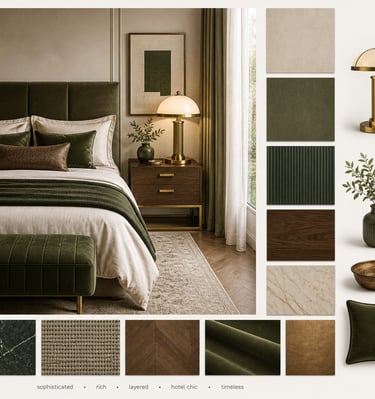 Hotel chic bedroom mood board with soft neutrals, olive green accents, art deco brass lamp and layer