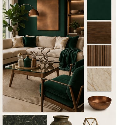 Modern natural luxury living room mood board with deep green accents, copper wall feature, warm wood