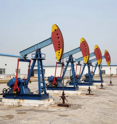 Technicians performing maintenance on a large oilfield pump under bright daylight.