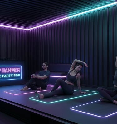 People practicing yoga inside the Top Hammer Safe Party Pod wellness setup.