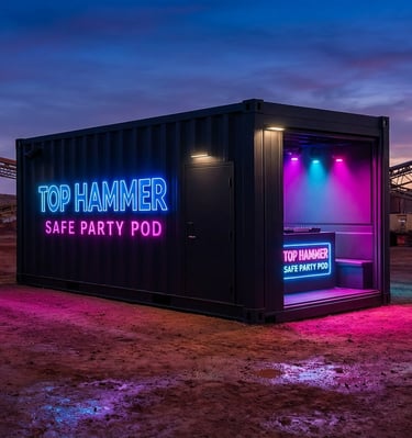 Exterior view of the Top Hammer Safe Party Pod with A$A branding on the front.