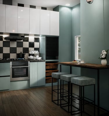 Modern small kitchen with teal cabinets, checkered backsplash, and a wooden breakfast bar with stools.