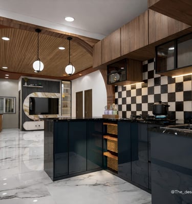 Modern kitchen interior featuring navy blue cabinets, checkered backsplash, and marble floors with a view of the living room.
