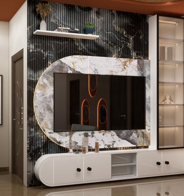 Modern luxury TV wall unit with marble paneling, backlit display, and white entertainment console.