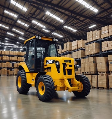 Photo of heavy-duty construction equipment lined up outside a modern warehouse in the UAE.