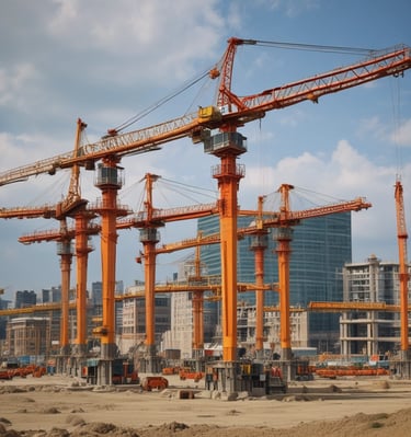 A fleet of blue-green cranes poised in the desert landscape ready for hire.