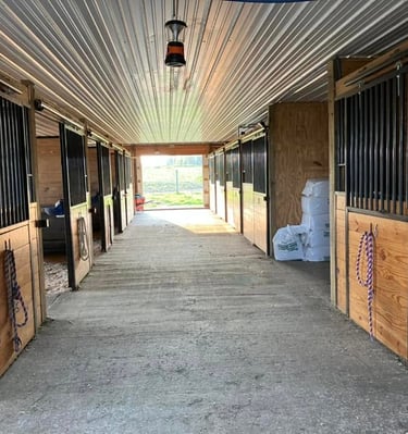 Interior view of a clean horse barn with wooden stalls and a concrete aisle way.