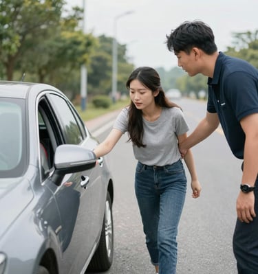 Bilingual Monroe Road Rescue staff assisting a driver locked out of their vehicle with calm professionalism.