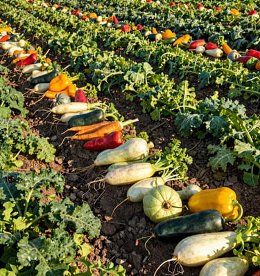Sunlit farm field with rows of leafy greens ready for harvest.