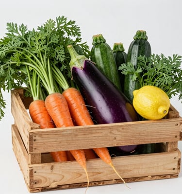 A rustic basket overflowing with assorted colorful vegetables on a wooden table.