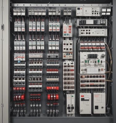 Technician testing electrical wiring inside an office building.
