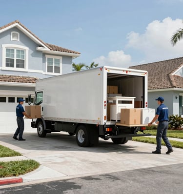 A branded moving truck parked outside a residential house ready for loading