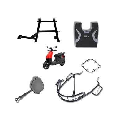 A collage of Ola S1 electric scooter in red and black, surrounded by various black accessories: