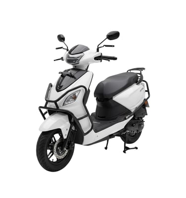 White Atria EV scooter with black premium accessories including front guard, side guards.