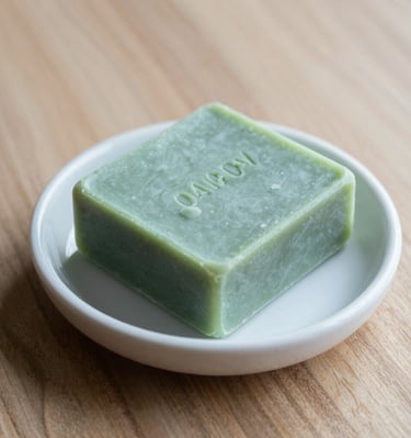 A happy customer holding a Savonalpin soap in a rustic wooden bathroom setting.