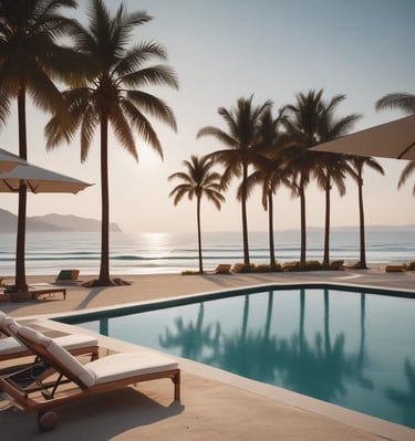 A serene beachfront hotel pool reflecting the soft hues of sunset.