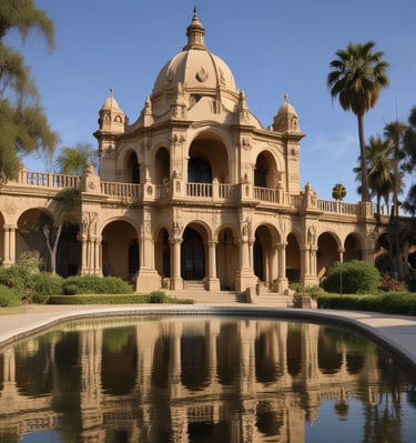 Museum with a pool of coy fish in front