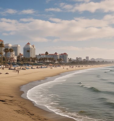 Golden sunset over a quiet Southern California beach with gentle waves.