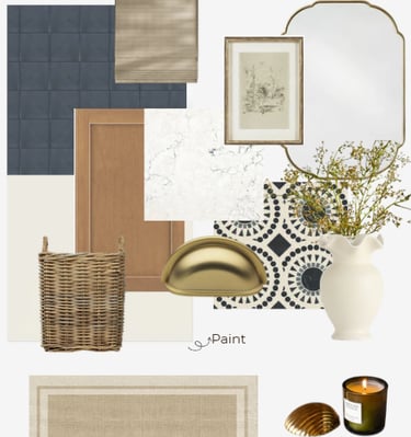 Interior design mood board featuring navy tiles, wood cabinets, marble countertops, and gold hardware for a modern kitchen.