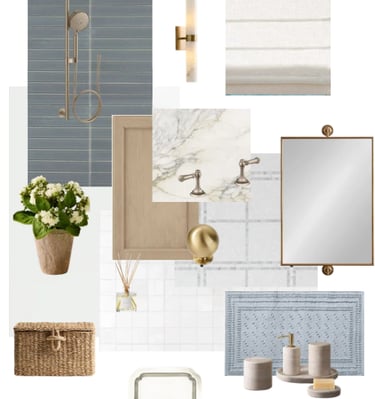 Modern bathroom mood board featuring marble textures, gold hardware, blue tiles, and natural wicker accents.