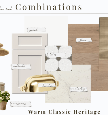 Mood board showing warm classic heritage kitchen materials including shaker cabinets, marble countertops, and brass hardware.