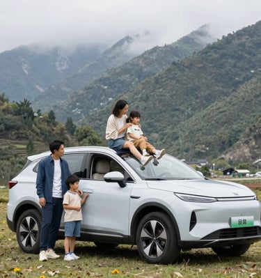 A happy family posing next to a comfortable compact MPV from Nusantara Rent.