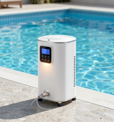 An electric pool heater installed beside a sparkling backyard pool on a warm day.