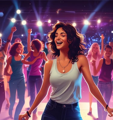 Children laughing and dancing during a lively dance competition at oxynn.