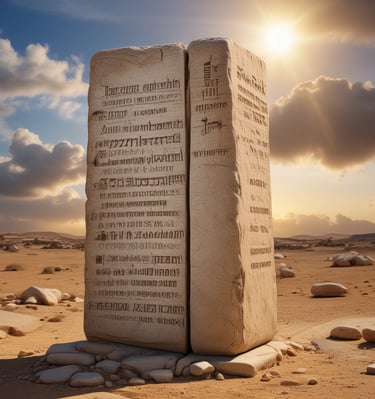 A carved stone plaque features two tablets with Hebrew inscriptions. At the top is a Star of David with the word 'אמת' (truth) inside it. The surrounding design includes floral and ornamental motifs intricately carved into the stone.