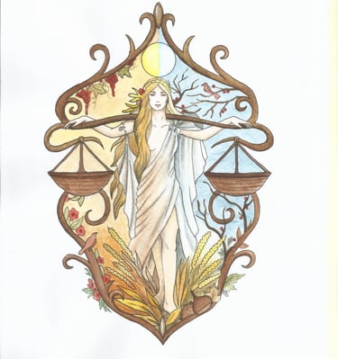 a drawing of a lady with a scale symbolizing autumn equinox
