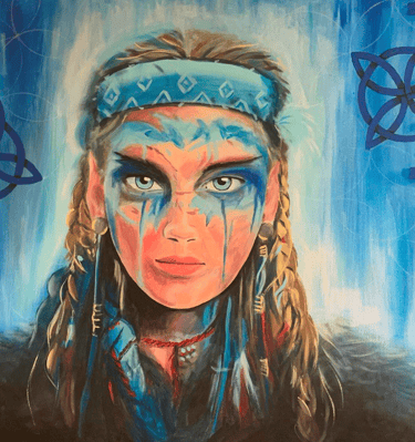 a painting of a nordic woman with a blue face paint