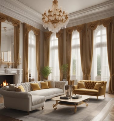 A minimalist interior design features a wooden table with a dark placemat, a glass vase holding green pine branches, a tall glass candle holder without a candle, and two modern overhead pendant lights. The background includes a dim, softly lit room with a blue curtain covering a window.