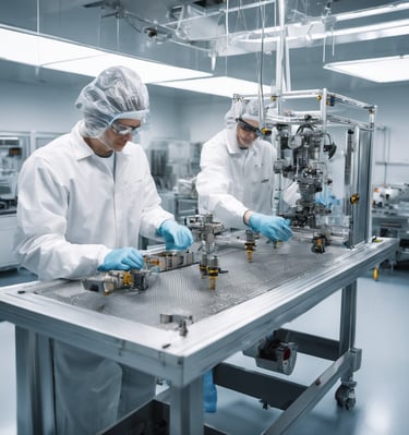 A series of computer microchips are aligned in a diagonal pattern against a black background filled with binary code and blue curved lines. The microchips feature intricate circuitry details.