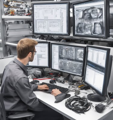 A close-up view of a green circuit board featuring a prominent black microchip with metallic pins. The microchip has white alphanumeric markings on its surface, and the surrounding area displays various circuit patterns and solder points.