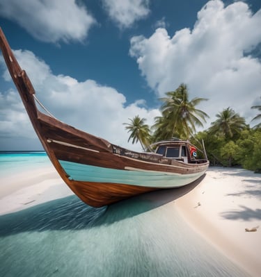 Several wooden boats are anchored near the shore in clear turquoise waters, with a sandy beach in the foreground. On the largest boat, the words 'East Africa Diving' are visible. A couple of people are sitting on the beach, enjoying the serene view of the ocean. The sky is clear with a slightly overcast hue.