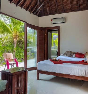 A serene tropical scene featuring overwater bungalows lined along a pristine beach with clear turquoise waters. Lush palm trees accompany the bungalows, creating a picturesque and tranquil vacation setting. The ocean extends into the horizon, displaying vibrant shades of blue and creating a perfect backdrop.