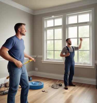 A collection of tools is arranged on a dark surface. An electric drill with the brand 'Hyper Tough' is visible alongside a claw hammer with a black handle. Three chisels of varying sizes, also branded 'Hyper Tough,' are aligned next to the hammer.