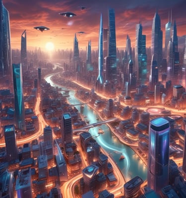 A sleek, futuristic website homepage with a dark blue night background and glowing golden accents.