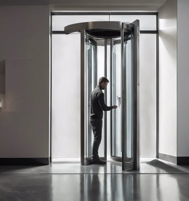 a painting of a person in a black and white dress standing in front of a house and a