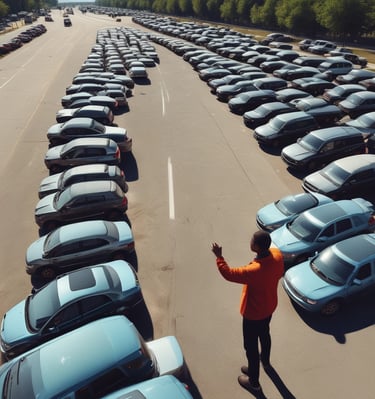 A large yellow truck is parked on a tree-lined suburban street. Trees arch overhead, with their branches reaching toward the truck. The truck's rear doors are prominently visible, and there appears to be signage with contact information on them. In the distance, a small white car is parked on the side of the road.