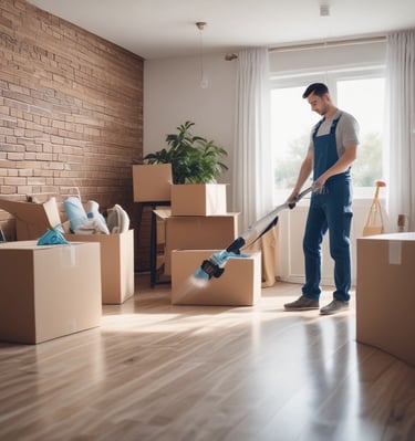 Two workers in protective gear are cleaning the large glass windows of a modern building. They are suspended mid-air by ropes and harnesses, equipped with cleaning tools.