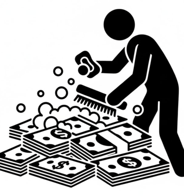 stick man washing money with soap and brush