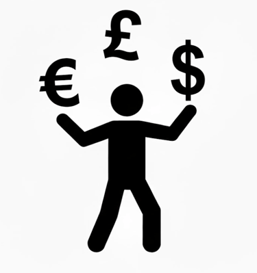 stick man juggling black Euro, Pound and Dollar symbols on white